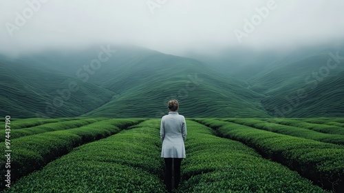 A person in a grey coat stands in a vast green landscape of rolling hills and vegetation, representing solitude, connection to nature, and tranquility in an expansive environment.