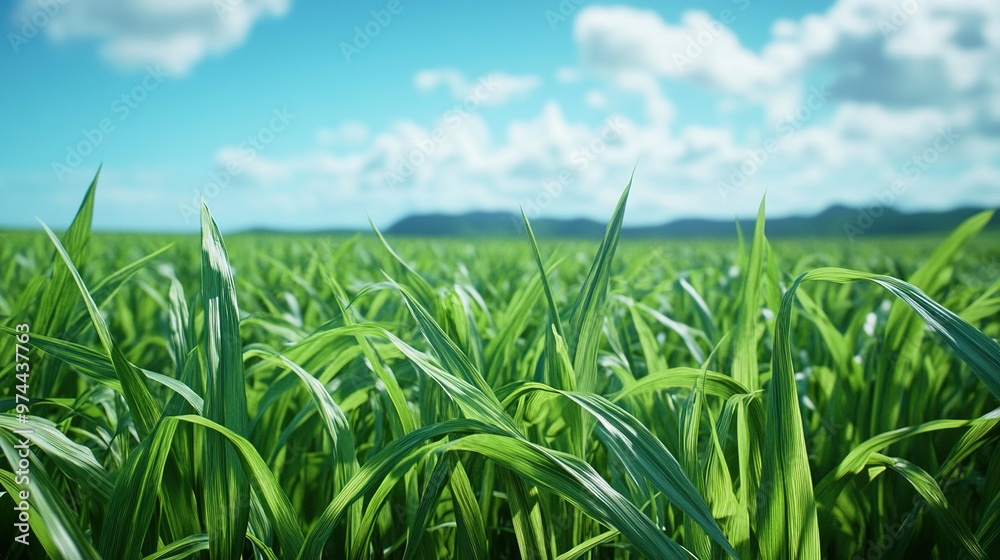 Obraz premium Green field with lush tall grass under a bright blue sky.