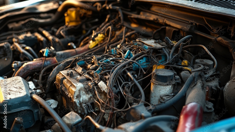 Detailed view of a car engine's wiring with damage caused by rats, including chewed cables and exposed wires. Detailed view of a car engine's wiring with damage caused by rats, including chewed cables and exposed wires.