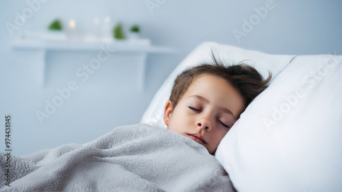 Sick child with fever and flu sleeping in hospital bed. Young boy resting during recovery in medical facility. Concept of pediatric healthcare, childhood illnesses, epidemics, medical reform, ARI