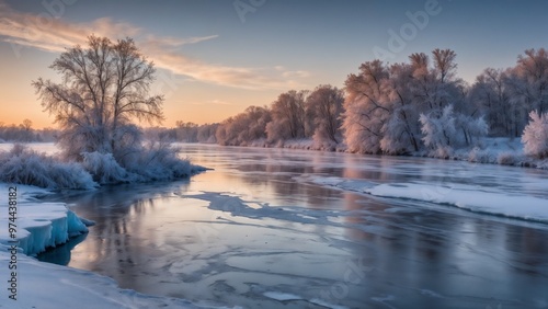 Icy river landscape at sunrise with frosted trees and serene winter atmosphere