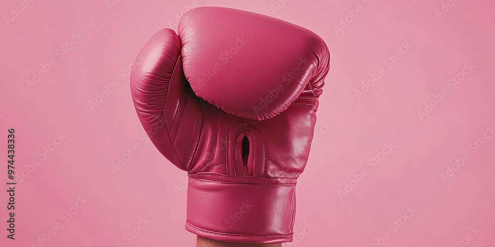 A pink boxing glove resting on a smooth pink background, showcasing vibrant color contrast and sport accessory details A pink boxing glove resting on a smooth pink background, showcasing vibrant color contrast and sport accessory details