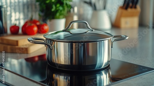 Shiny steel pot on an induction cooktop in a bright kitchen.