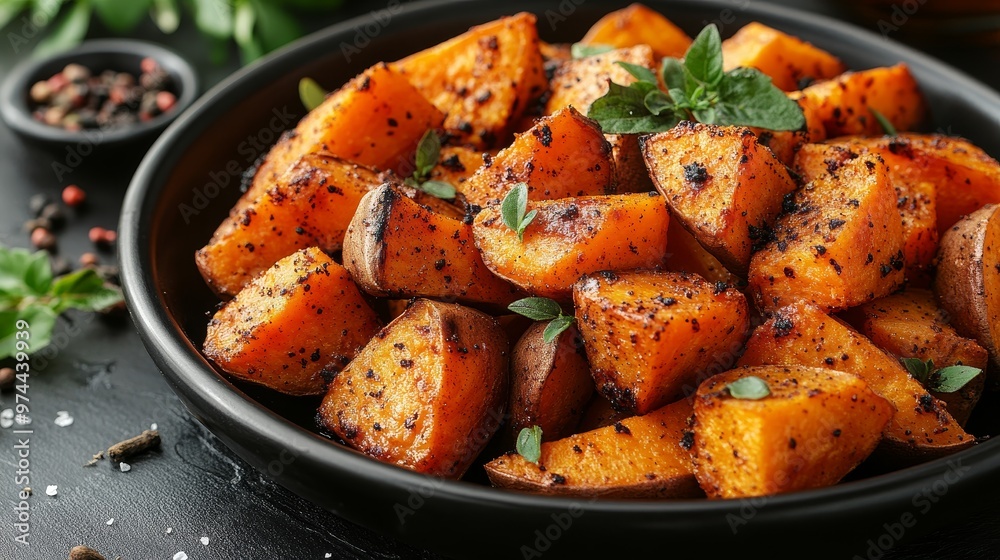 Juicy roasted sweet potatoes, caramelized and sprinkled with cinnamon, warm and comforting, top view Juicy roasted sweet potatoes, caramelized and sprinkled with cinnamon, warm and comforting, top view