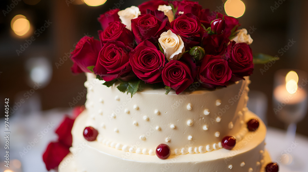Fototapeta premium Wedding cake decorated with red and white roses flower on bokeh background , Delicious decorated wedding cake , red wedding flowers with wedding cake in the background 