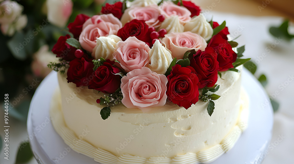 Wedding cake decorated with red and white  roses flower on bokeh background , Delicious decorated wedding cake , red wedding flowers with wedding cake in the background

