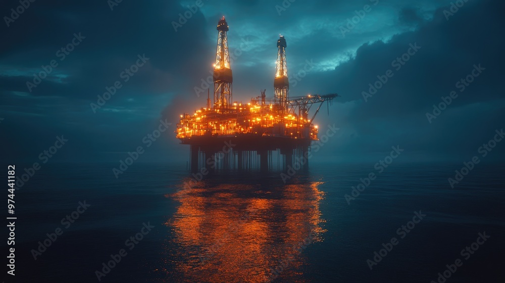 Illuminated offshore oil platform glowing at dusk, showcasing the vast scale of energy production on the ocean horizon Illuminated offshore oil platform glowing at dusk, showcasing the vast scale of energy production on the ocean horizon