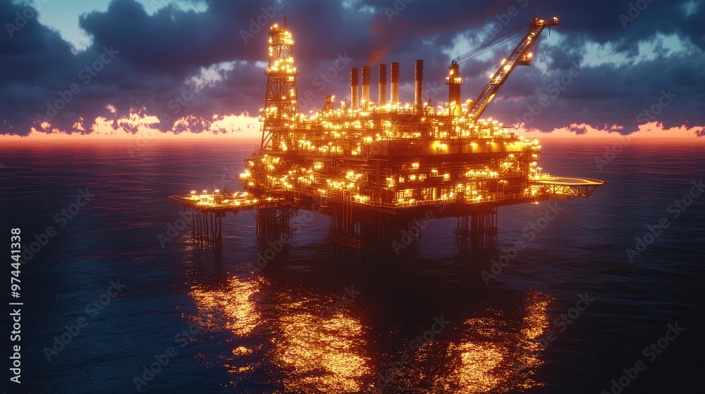 Illuminated offshore oil platform glowing at dusk, showcasing the vast scale of energy production on the ocean horizon Illuminated offshore oil platform glowing at dusk, showcasing the vast scale of energy production on the ocean horizon