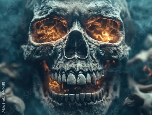 Abstract Representation of Fear Glowing Skeleton Mask in Darkness, A Terrifying Digital Art Illustration of a Glowing Skull with Flaming Eyes and Teeth, Evoking a Sense of Horror and Fear in the Dark