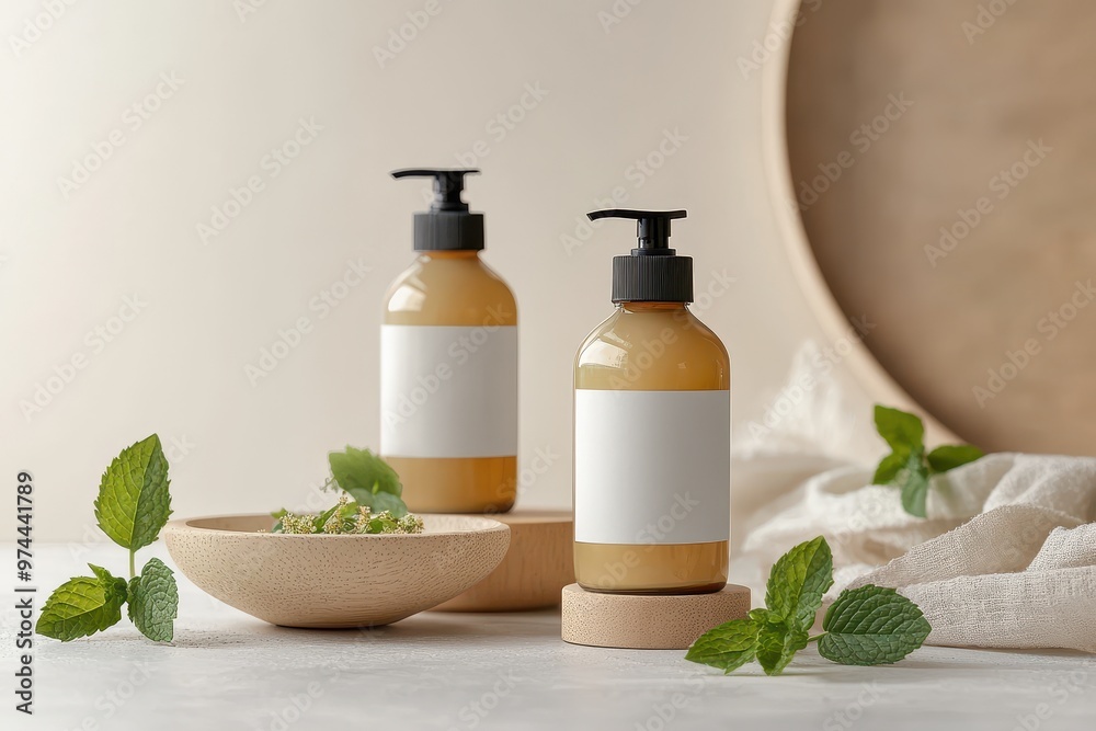 Two bottles of natural skincare products with mint leaves and a wooden bowl. Two bottles of natural skincare products with mint leaves and a wooden bowl.
