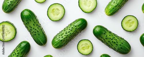 Fresh cucumbers scattered on a white surface, highlighting their vibrant green color and unique texture.