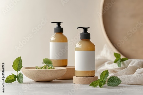 Two bottles of natural skincare products with mint leaves and a wooden bowl.