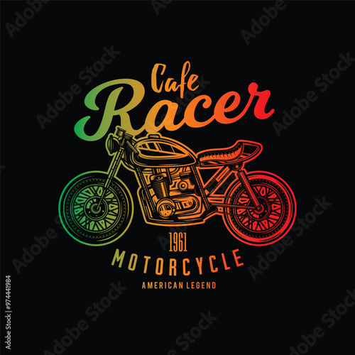 Cafe racer custom motorcycle. Original vector illustration in vintage style isolated on black background. T-shirt design.