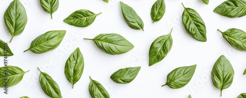 Fresh green basil leaves scattered on a white surface, ideal for culinary and natural themed projects.