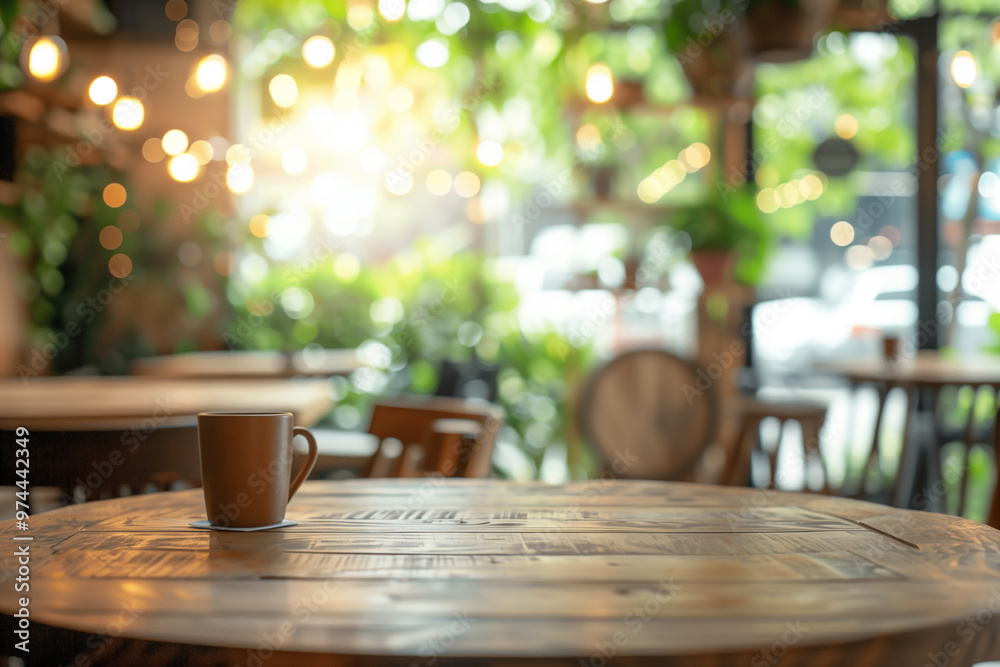 Close up of wooden tabletop in modern cafe with natural light and blurred background. Copy space Close up of wooden tabletop in modern cafe with natural light and blurred background. Copy space