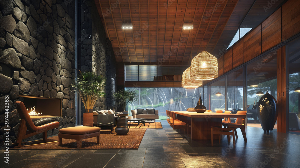 Luxury wooden interior of a loft-style living room Luxury wooden interior of a loft-style living room