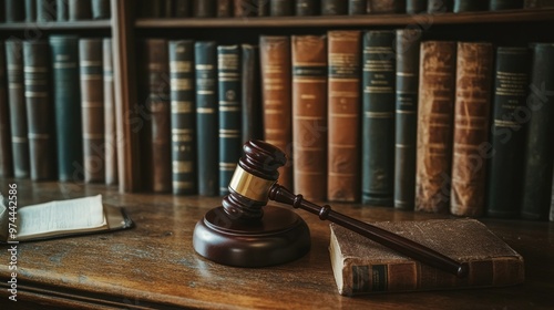 Judge gavel resting on a wooden desk, surrounded by law books, symbolizing justice and legal authority.