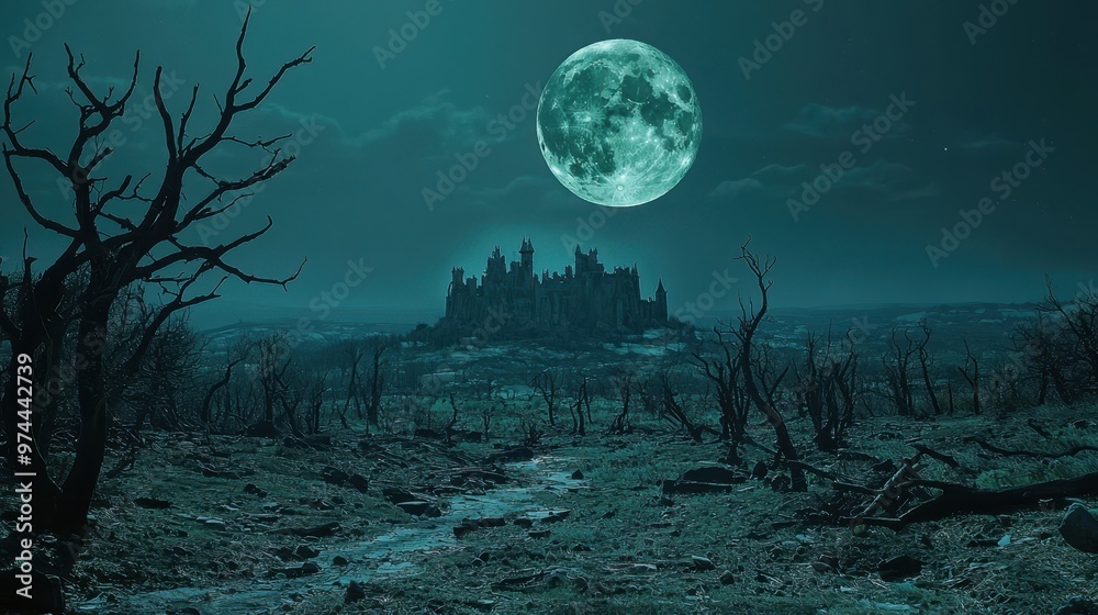 Fototapeta premium Eerie Haunted Castle in Desolate Moonlit Landscape