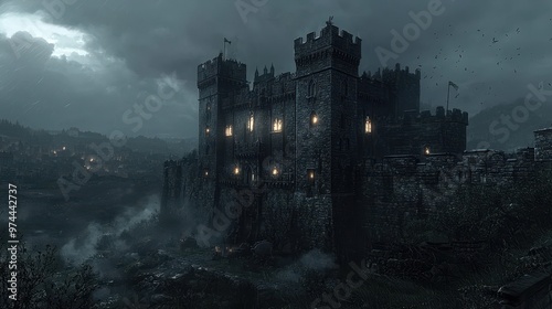 Enigmatic Castle at Night with Flickering Lights and Mysterious Shadows Casting Over the Landscape