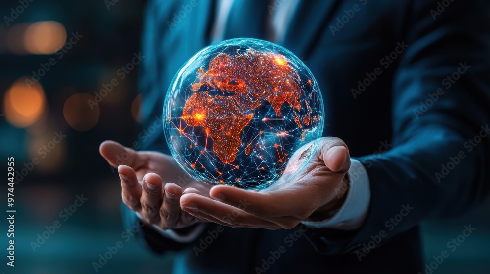 Fototapeta premium Transparent globe hovering over a businessman's hands, global business power