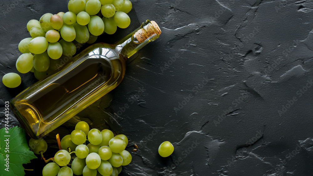 Obraz premium Grapeseed oil in glass bottle with fresh green grapes on dark stone background. Organic ingredient for cooking, skincare, and wellness. Concept of plant-based products in culinary, beauty applications