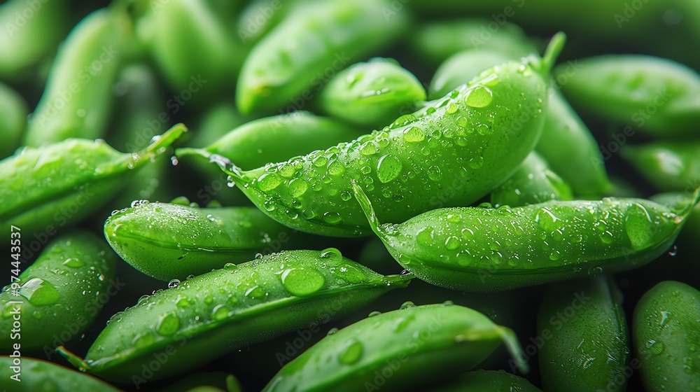 Fresh green peas with droplets of water, showcasing vibrant color and texture, perfect for culinary or health-themed imagery. Fresh green peas with droplets of water, showcasing vibrant color and texture, perfect for culinary or health-themed imagery.