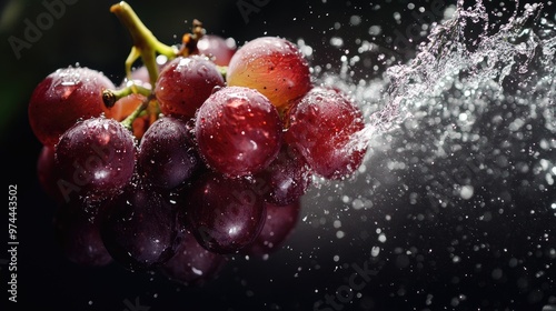 A close-up of a bursting grape, with juice spraying out dramatically against a dark background.