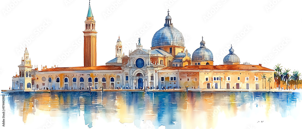 Naklejka premium Beautiful watercolor of a historic Venetian building, reflecting in serene waters, capturing the essence of Venice's charm.
