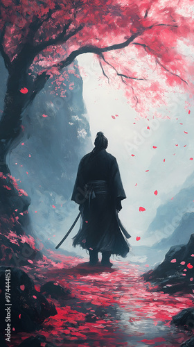 Ancient Japanese samurai under
 sakura tree, phone mobile wallpaper