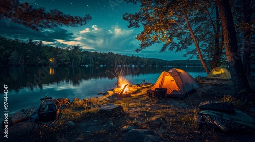 Imagine a serene campsite by a tranquil lake, with tents pitched near the water's edge. 