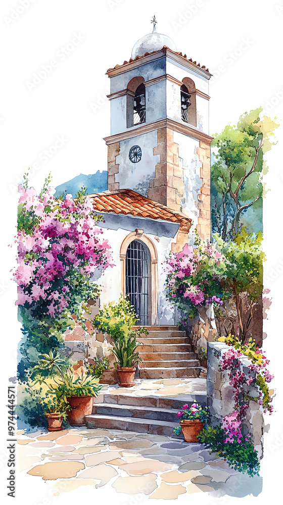Fototapeta premium A charming stone church surrounded by vibrant flowers and greenery, showcasing beautiful architectural details and serene atmosphere.