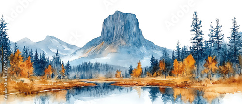 A serene landscape showcasing a towering mountain, reflective water, and vibrant autumn foliage in a tranquil wilderness setting.