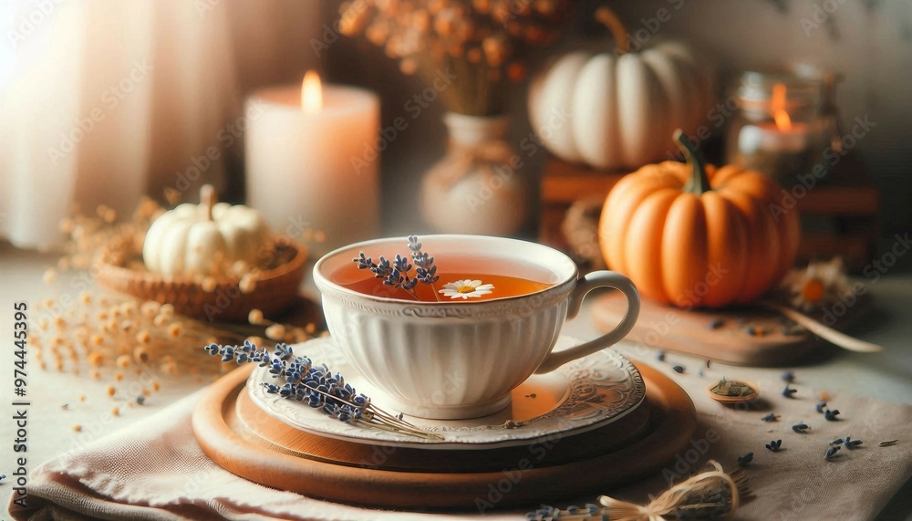 a white cup of tea adorned with lavender and chamomile on a wooden table, surrounded by decorative pumpkins, lit candles, and scattered spices creating a warm and inviting atmosphere.