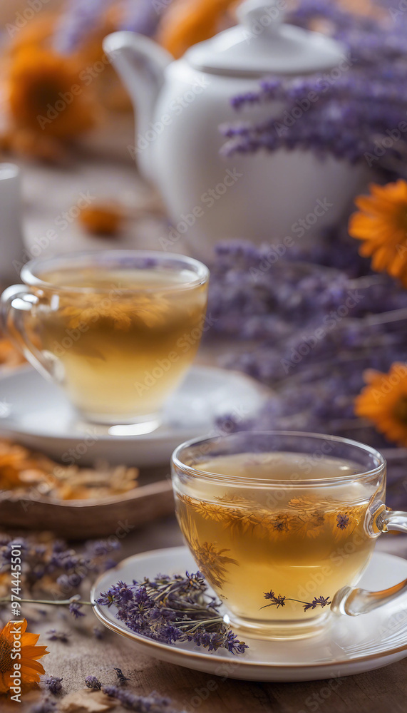 a tranquil tea setting with a clear glass cup of yellow-hued tea on a saucer, accompanied by a white teapot. The table is adorned with vibrant orange and purple flowers, creating an inviting and aroma a tranquil tea setting with a clear glass cup of yellow-hued tea on a saucer, accompanied by a white teapot. The table is adorned with vibrant orange and purple flowers, creating an inviting and aroma