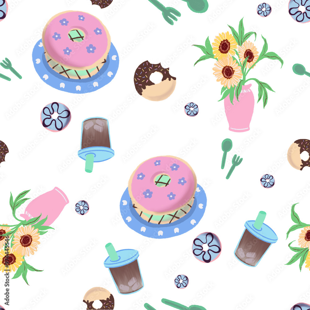 Illustration of donut, party for sweet dessert, birthday card, gift wrap, packaging Illustration of donut, party for sweet dessert, birthday card, gift wrap, packaging
