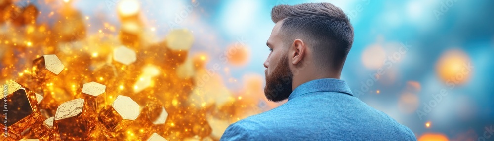 Obraz premium Visionary Leader Embracing Innovation and Growth A Powerful Business Concept with Abstract Branding Icons and Dynamic Visuals Representing Progress and Success