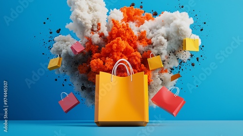 Hyper-realistic view of hands holding bags vibrant storefront displays Black Friday sale tags explosion graphics discount stickers high detail