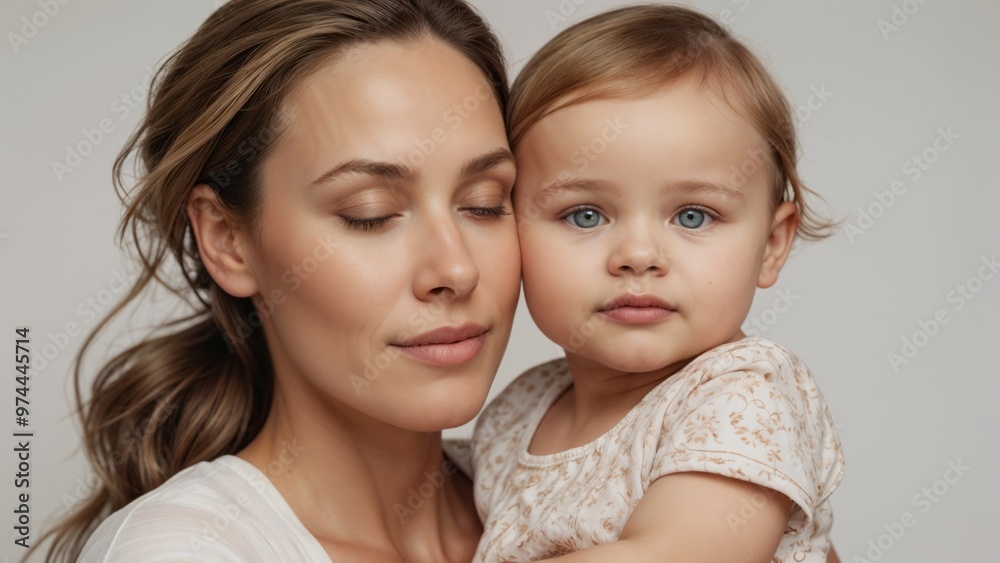 Mother holding her baby with a gentle and loving expression. Tenderness, motherhood, love, family bond Mother holding her baby with a gentle and loving expression. Tenderness, motherhood, love, family bond