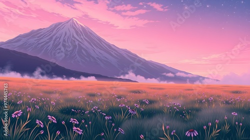 An anime-style illustration depicting a mountainous landscape with meadows at dawn