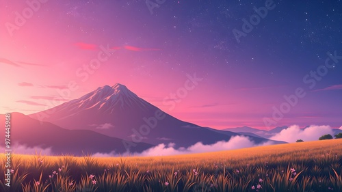 An anime-style illustration depicting a mountainous landscape with meadows at dawn