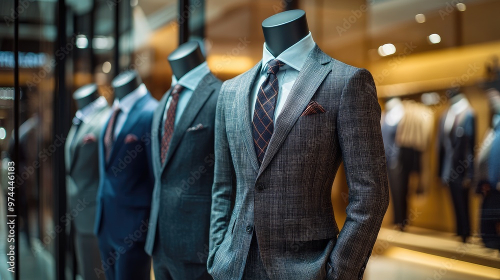 Mannequins dressed in sharp business suits, showcasing various styles and colors in a modern retail display setting. Mannequins dressed in sharp business suits, showcasing various styles and colors in a modern retail display setting.