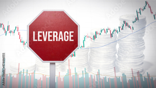 Leverage sign in front of financial charts and stacked coins, illustrating economic leverage and financial influence, finance leverage concept, monetary power, investment strategy, business advantage
 photo