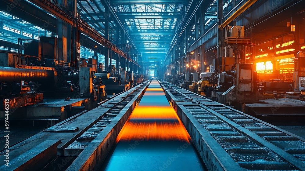 Fototapeta premium Highly automated steel processing machinery operating in a bright and clean plant, reflecting the latest technological advancements