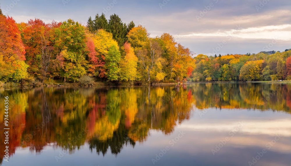 Colorful Autumn Foliage Reflecting in Still Lake, Creating a Picture-Perfect Scene Colorful Autumn Foliage Reflecting in Still Lake, Creating a Picture-Perfect Scene