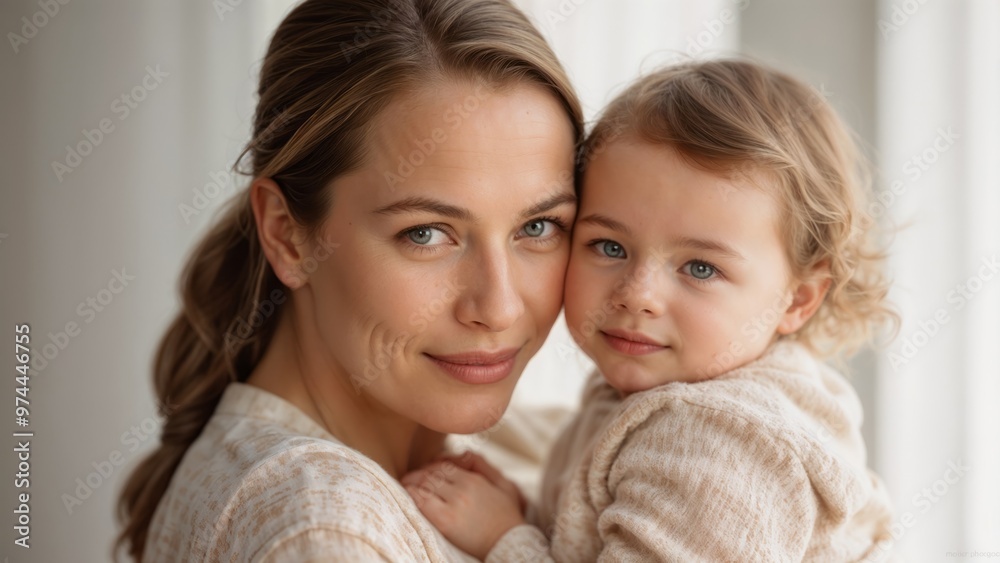 Happy mother holding baby girl. Mom and daughter bonding, love, care, and family. Concept of motherhood, parenting, childhood, and happiness Happy mother holding baby girl. Mom and daughter bonding, love, care, and family. Concept of motherhood, parenting, childhood, and happiness