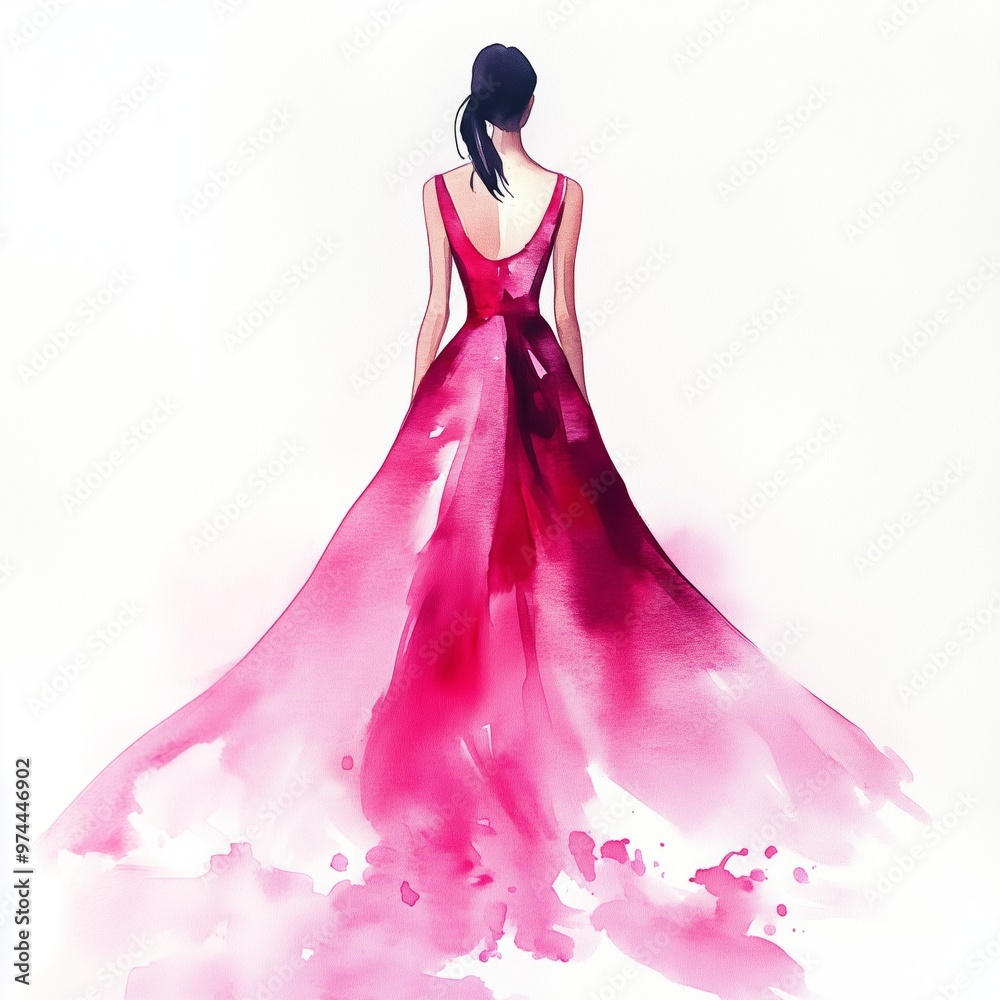 Elegant woman in a flowing pink dress showcases artistic fashion design in bright setting Elegant woman in a flowing pink dress showcases artistic fashion design in bright setting