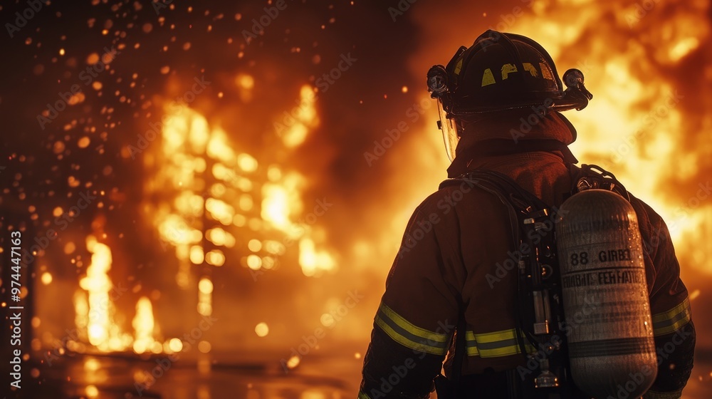 A firefighter battling a raging inferno in an urban high-rise A firefighter battling a raging inferno in an urban high-rise