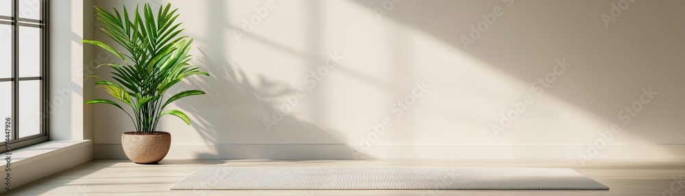 Fototapeta premium A serene wellness space with yoga mat and single plant creates calming atmosphere perfect for relaxation and mindfulness
