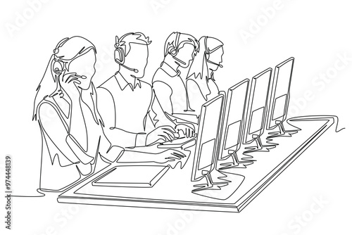 Continuous one line drawing group of call center team members answer purchase order phone call from client. Male and female customer service on job. Single line draw design vector graphic illustration