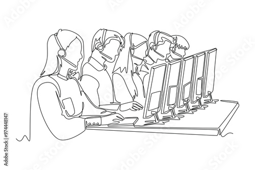 Continuous one line drawing group of male female customer service team members answer complaint phone call from clients kindly. Call center concept. Single line draw design vector graphic illustration